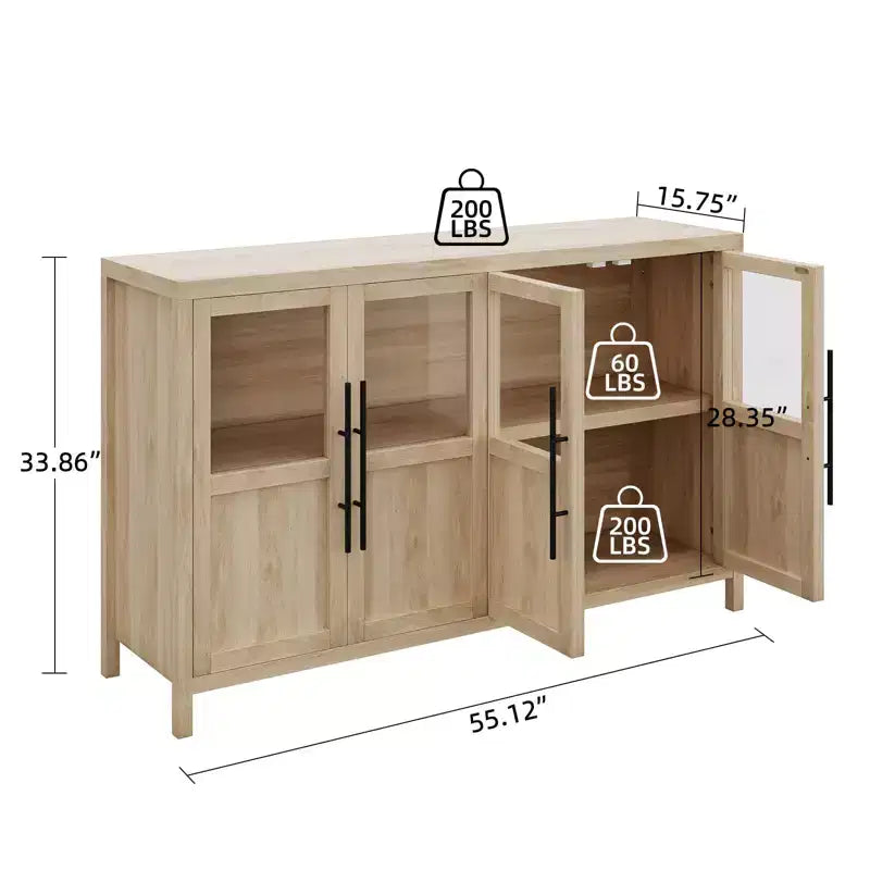 Madia a Buffet da 55", 4 Ante in Vetro, Nero/Marrone/Naturale/Bianco, Posti a Sedere 1