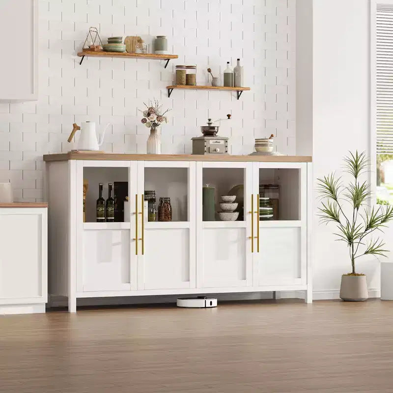 Madia a Buffet da 55", 4 Ante in Vetro, Nero/Marrone/Naturale/Bianco, Posti a Sedere 1