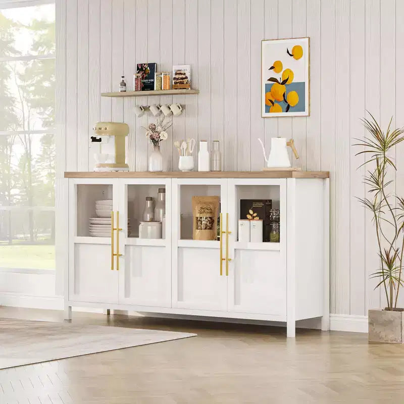 Madia a Buffet da 55", 4 Ante in Vetro, Nero/Marrone/Naturale/Bianco, Posti a Sedere 1
