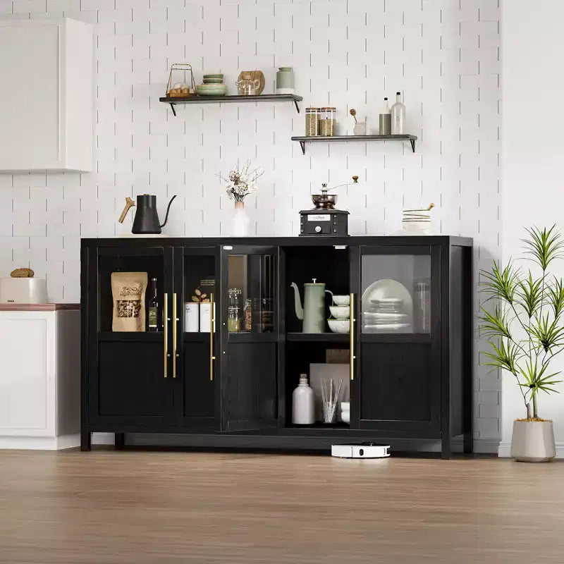 Madia a Buffet da 55", 4 Ante in Vetro, Nero/Marrone/Naturale/Bianco, Posti a Sedere 1