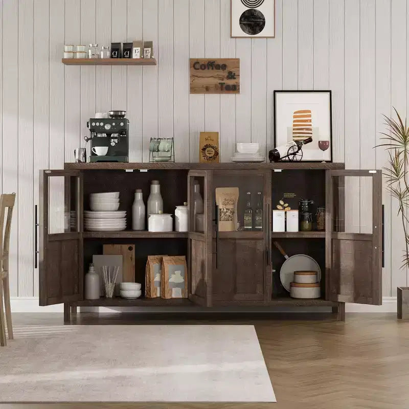 Madia a Buffet da 55", 4 Ante in Vetro, Nero/Marrone/Naturale/Bianco, Posti a Sedere 1
