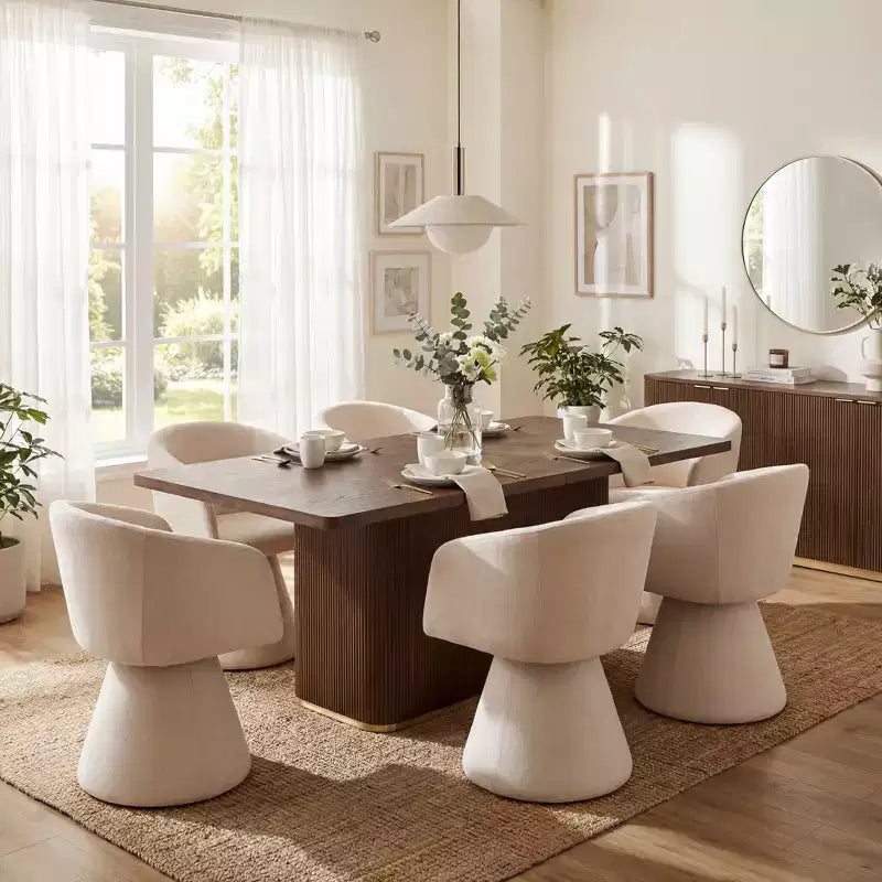 Set da pranzo 7 pezzi con sedie girevoli a 180°, beige/verde muschio, 6 posti a sedere