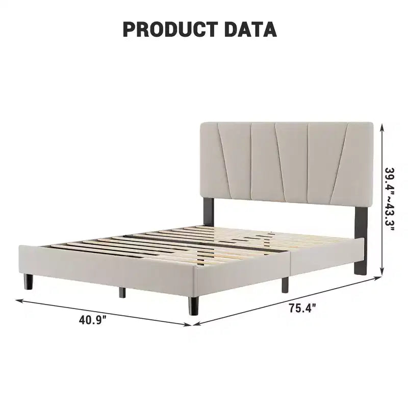 Struttura letto a piattaforma in velluto grigio, testiera a strisce diagonali, Twin/King, 1 persona