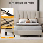 Struttura letto a piattaforma in velluto grigio, testiera a strisce diagonali, Twin/King, 1 persona