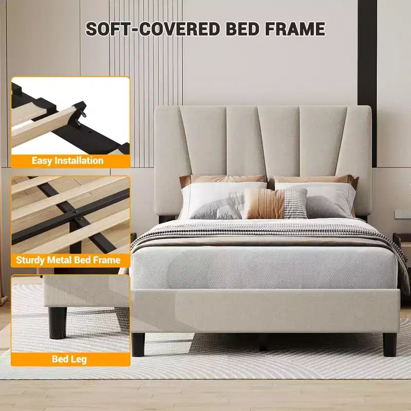 Struttura letto a piattaforma in velluto grigio, testiera a strisce diagonali, Twin/King, 1 persona