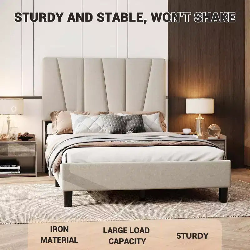 Struttura letto a piattaforma in velluto grigio, testiera a strisce diagonali, Twin/King, 1 persona
