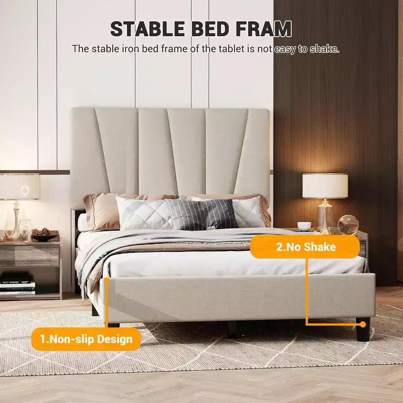 Struttura letto a piattaforma in velluto grigio, testiera a strisce diagonali, Twin/King, 1 persona