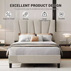 Struttura letto a piattaforma in velluto grigio, testiera a strisce diagonali, Twin/King, 1 persona