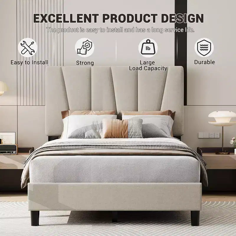 Struttura letto a piattaforma in velluto grigio, testiera a strisce diagonali, Twin/King, 1 persona