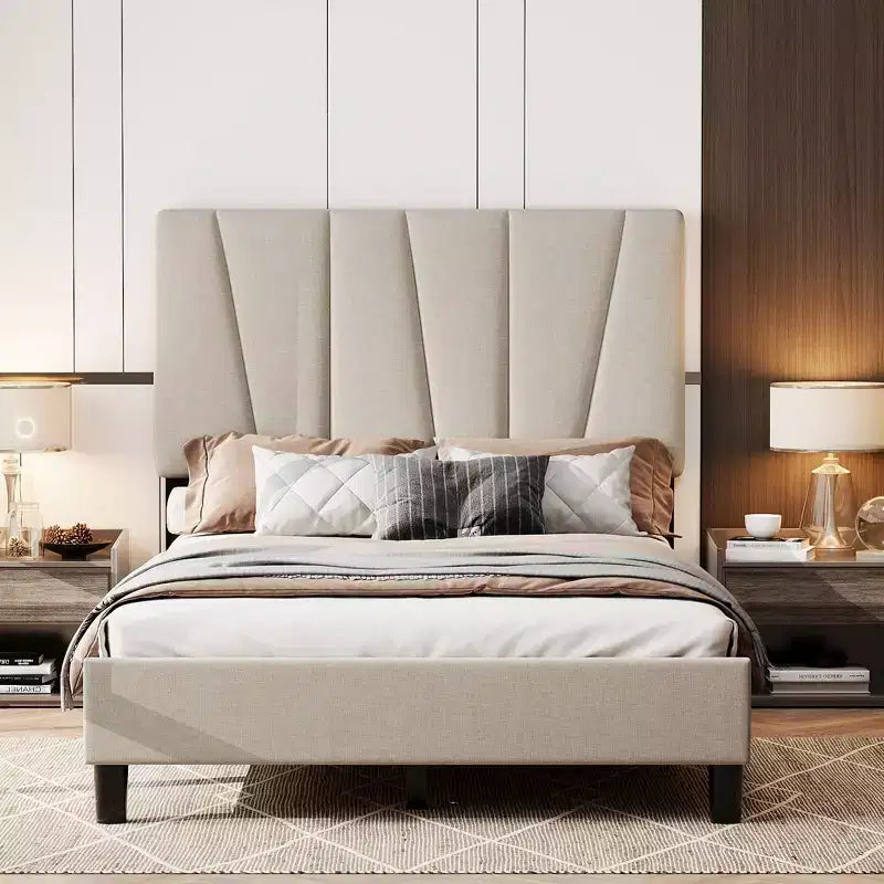 Struttura letto a piattaforma in velluto grigio, testiera a strisce diagonali, Twin/King, 1 persona