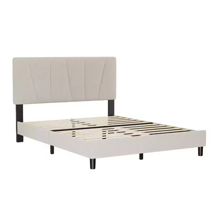 Struttura letto a piattaforma in velluto grigio, testiera a strisce diagonali, Twin/King, 1 persona