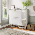 Shoe cabinet with mirror, two flip-top drawers and side storage cabinet; freestanding design with adjustable shelves; hallways and bedrooms.