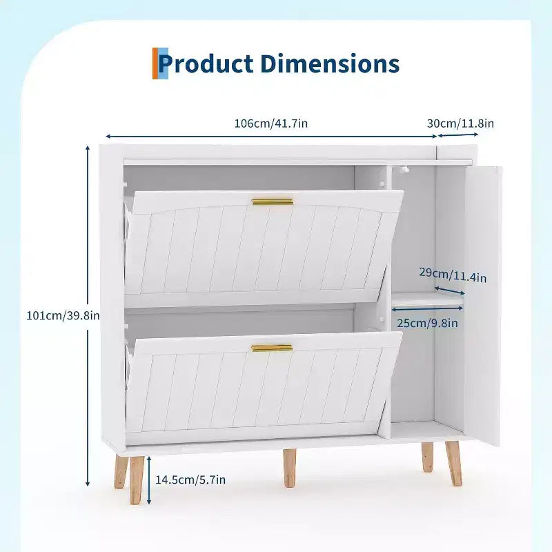 Scarpiera con specchio, due cassetti a ribalta e mobile contenitore laterale; design autoportante con ripiani regolabili; corridoi e camere da letto.