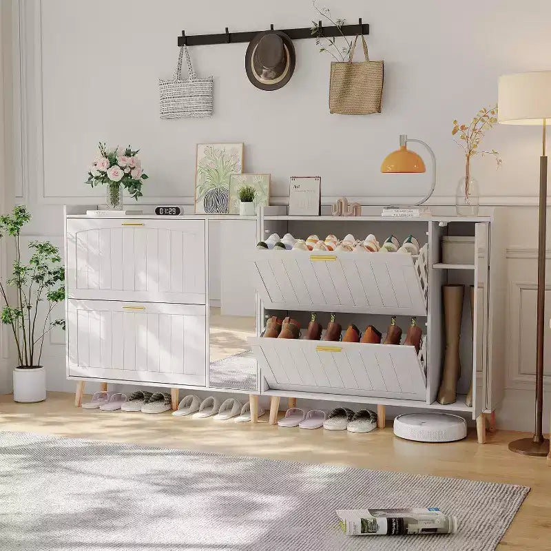Scarpiera con specchio, due cassetti a ribalta e mobile contenitore laterale; design autoportante con ripiani regolabili; corridoi e camere da letto.