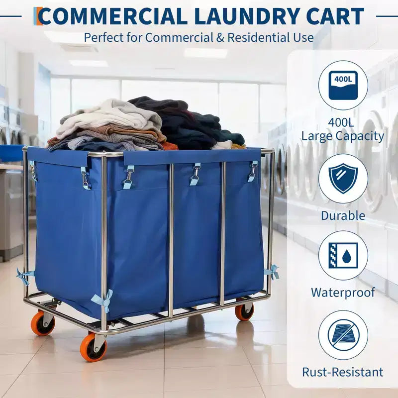 Carrello portabiancheria a pianale, con ruote, da 400 L, colore blu, per uso multiutente