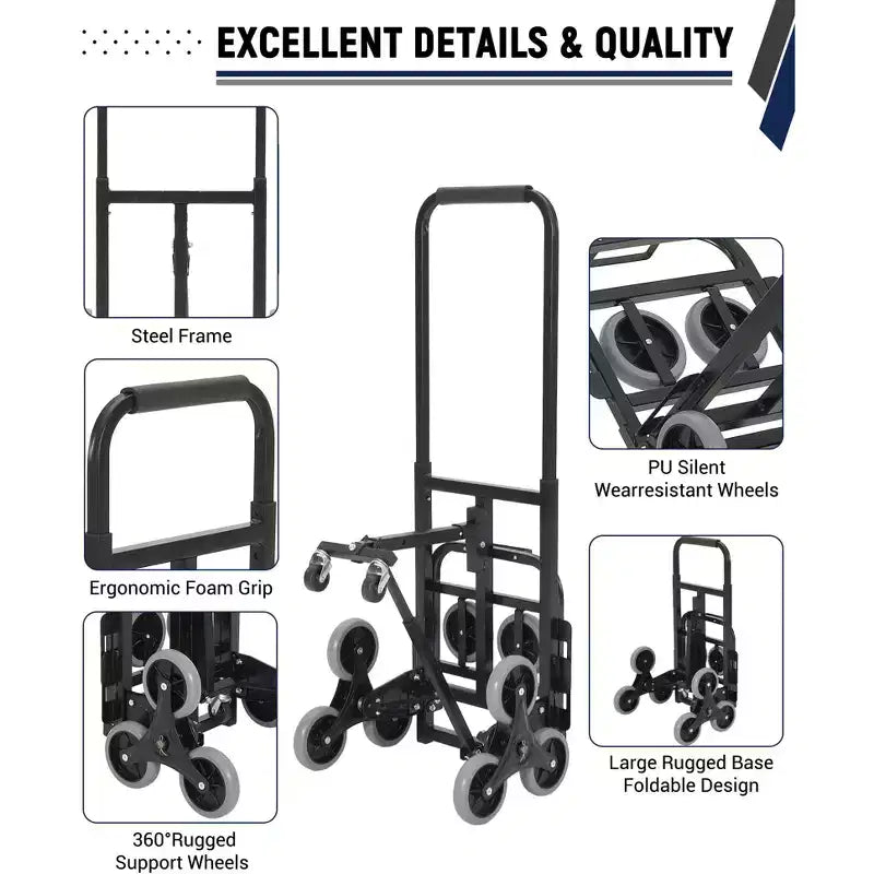 Carrello a mano pieghevole in argento a 10 ruote per salire le scale – 1 persona, capacità 150 kg