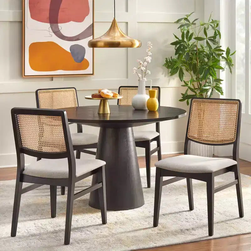 Set da pranzo rotondo con piedistallo, nero e grigio, 4 posti, 5 pezzi