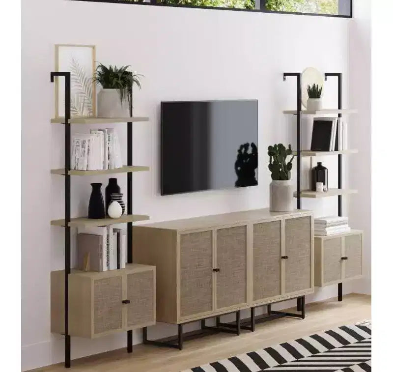 Libreria a 5 ripiani con ante in rovere chiaro e rattan da 184 cm, set da 2