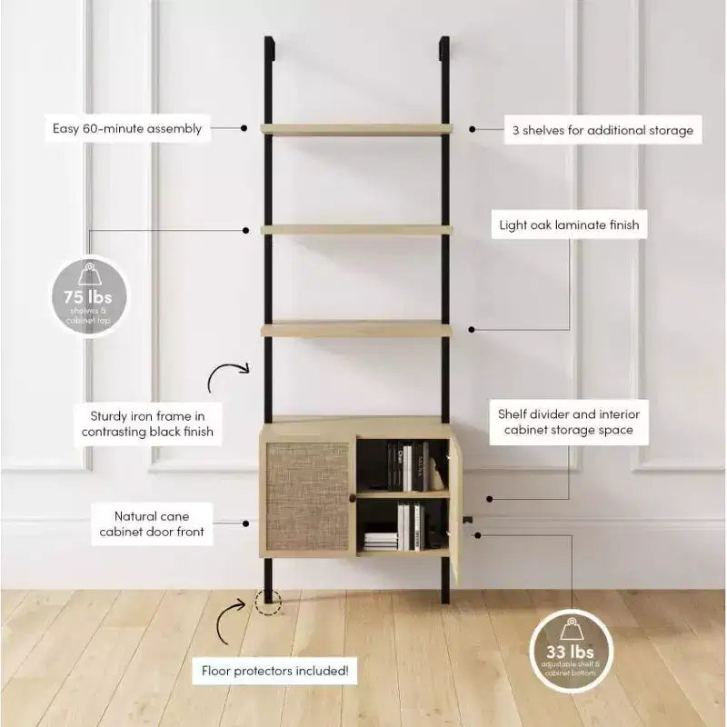 Libreria a 5 ripiani con ante in rovere chiaro e rattan da 184 cm, set da 2