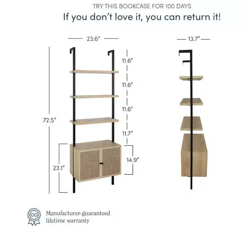 Libreria a 5 ripiani con ante in rovere chiaro e rattan da 184 cm, set da 2