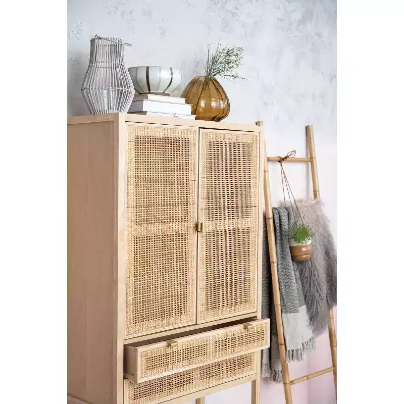 Credenza con ante e cassetti in canna d'India, 2 ante e 2 cassetti, singola