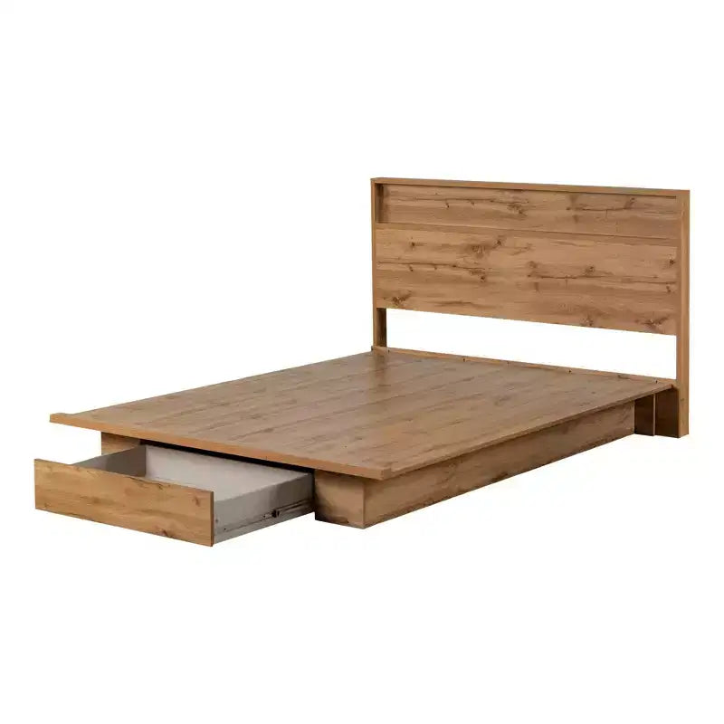 Letto a piattaforma matrimoniale/queen-size Nordik Oak con testiera e cassetto portaoggetti