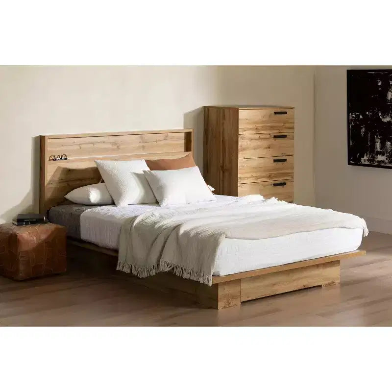 Letto a piattaforma matrimoniale/queen-size Nordik Oak con testiera e cassetto portaoggetti
