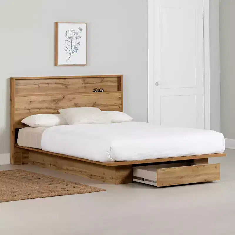Letto a piattaforma matrimoniale/queen-size Nordik Oak con testiera e cassetto portaoggetti