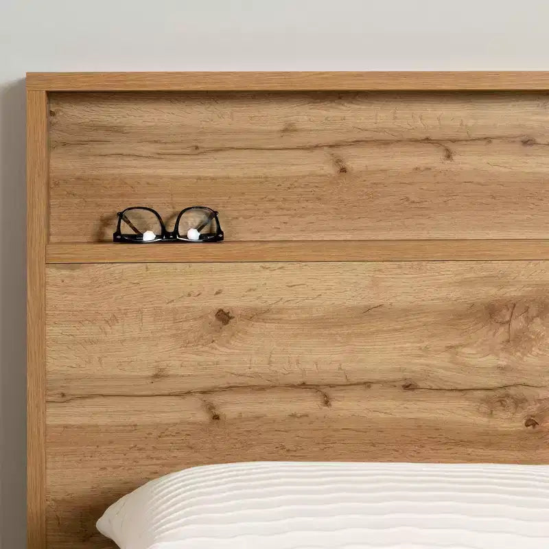 Letto a piattaforma matrimoniale/queen-size Nordik Oak con testiera e cassetto portaoggetti