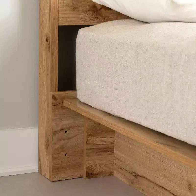 Letto a piattaforma matrimoniale/queen-size Nordik Oak con testiera e cassetto portaoggetti