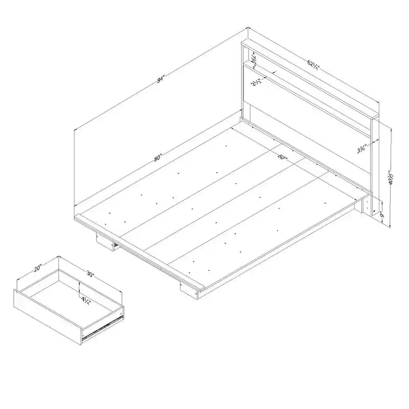 Letto a piattaforma matrimoniale/queen-size Nordik Oak con testiera e cassetto portaoggetti