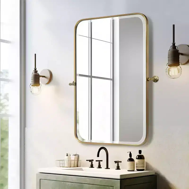 Specchio da parete girevole con cornice rettangolare in metallo oro/argento, angoli arrotondati, set da 2