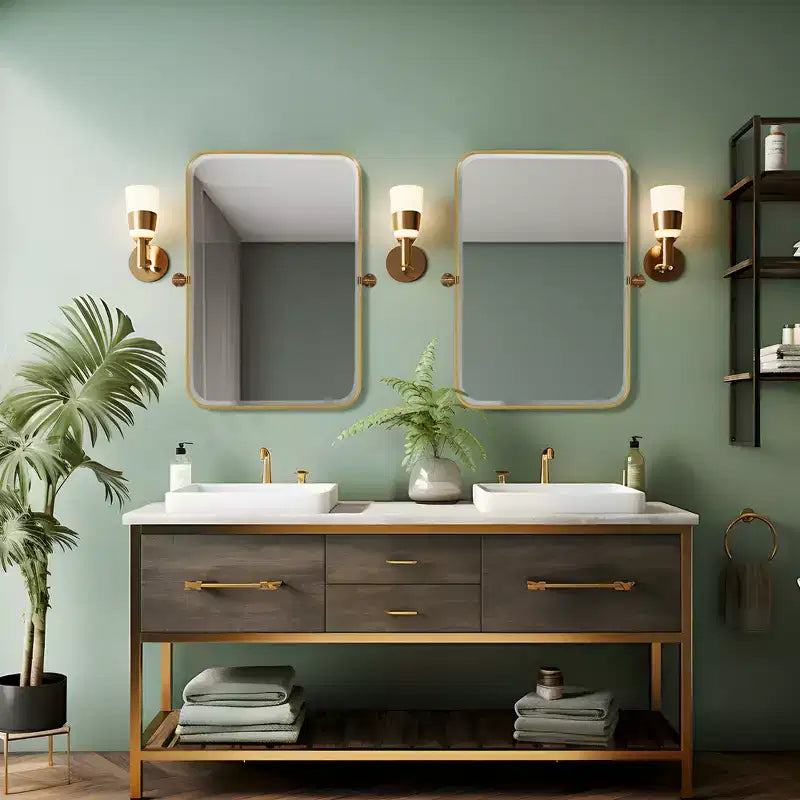 Specchio da parete girevole con cornice rettangolare in metallo oro/argento, angoli arrotondati, set da 2