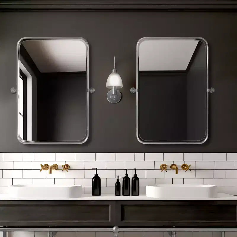 Specchio da parete girevole con cornice rettangolare in metallo oro/argento, angoli arrotondati, set da 2