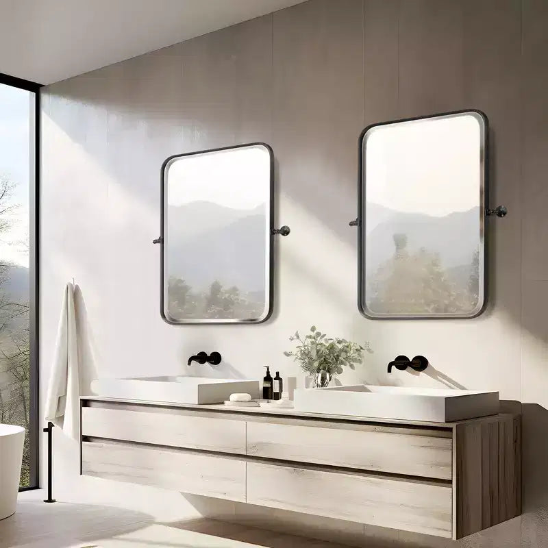 Specchio da parete girevole con cornice rettangolare in metallo oro/argento, angoli arrotondati, set da 2
