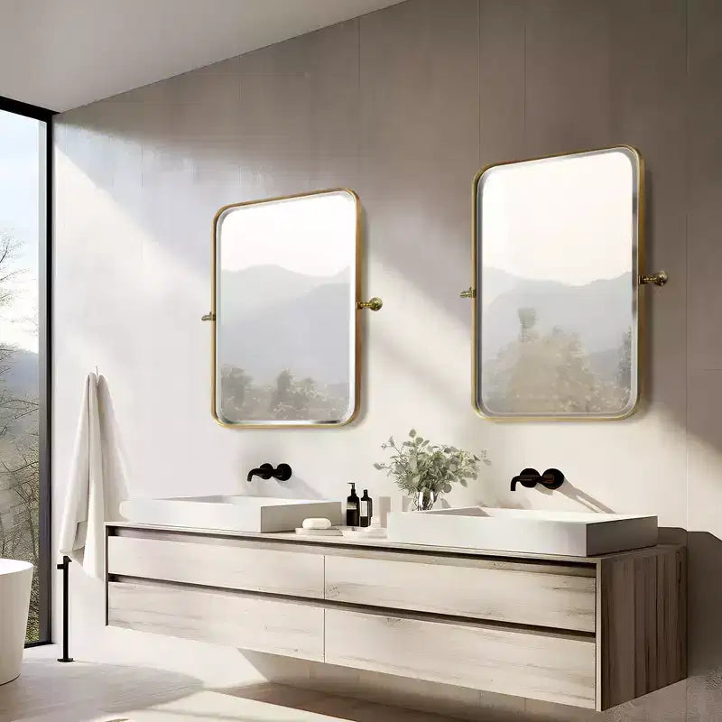 Specchio da parete girevole con cornice rettangolare in metallo oro/argento, angoli arrotondati, set da 2