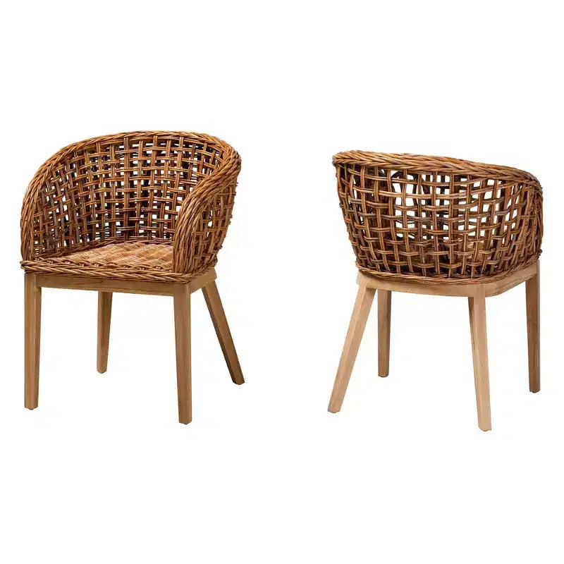 Set di sedie da pranzo in teak e rattan bohémien marrone naturale, 2 posti