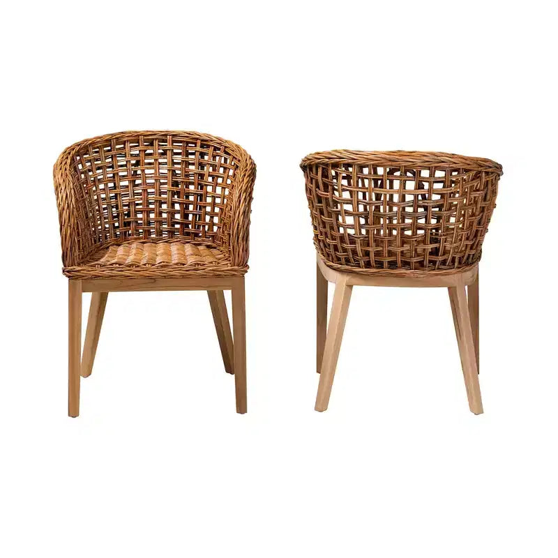 Set di sedie da pranzo in teak e rattan bohémien marrone naturale, 2 posti