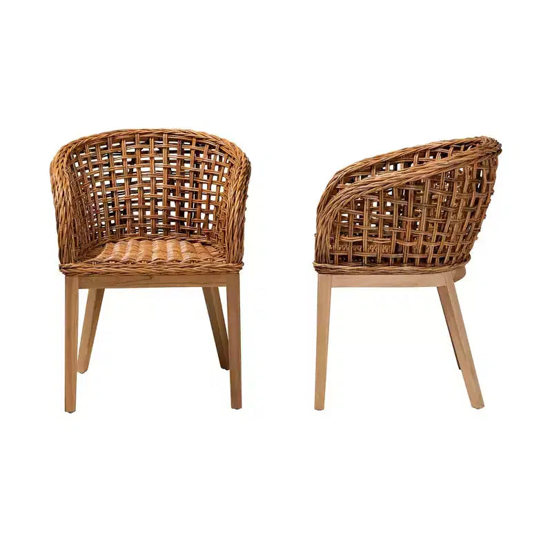 Set di sedie da pranzo in teak e rattan bohémien marrone naturale, 2 posti