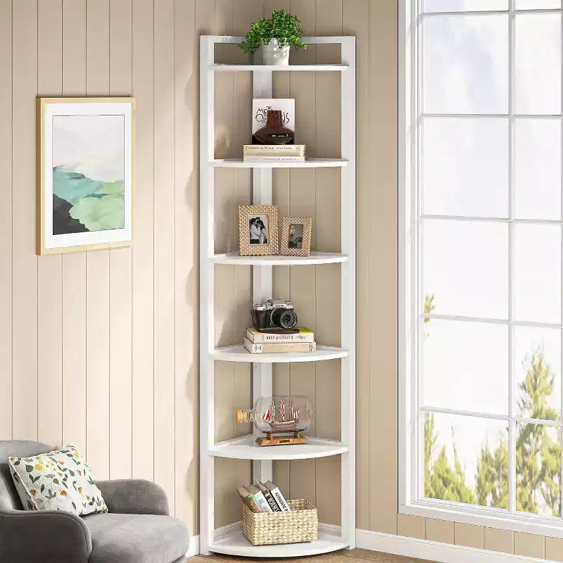 Libreria angolare a 6 ripiani, Nero / Marrone rustico e nero / Bianco, Alta 180 cm, Montaggio 1 persona