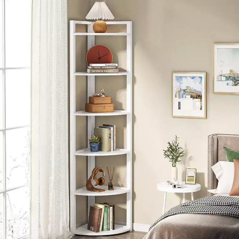 Libreria angolare a 6 ripiani, Nero / Marrone rustico e nero / Bianco, Alta 180 cm, Montaggio 1 persona