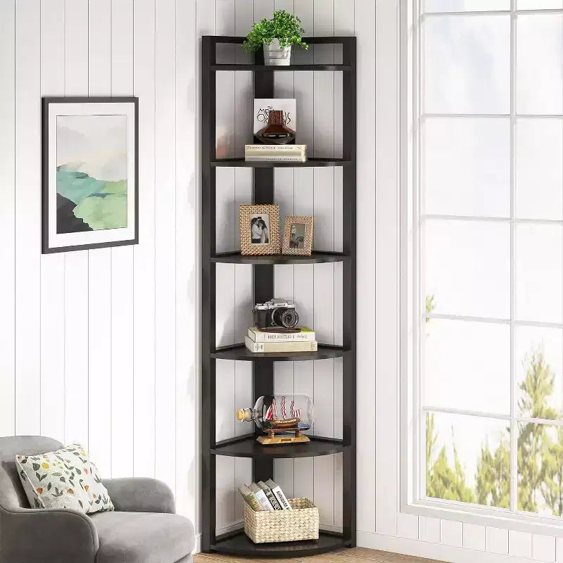 Libreria angolare a 6 ripiani, Nero / Marrone rustico e nero / Bianco, Alta 180 cm, Montaggio 1 persona