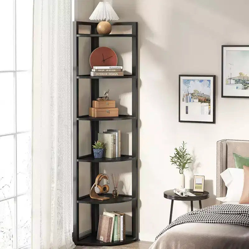 Libreria angolare a 6 ripiani, Nero / Marrone rustico e nero / Bianco, Alta 180 cm, Montaggio 1 persona