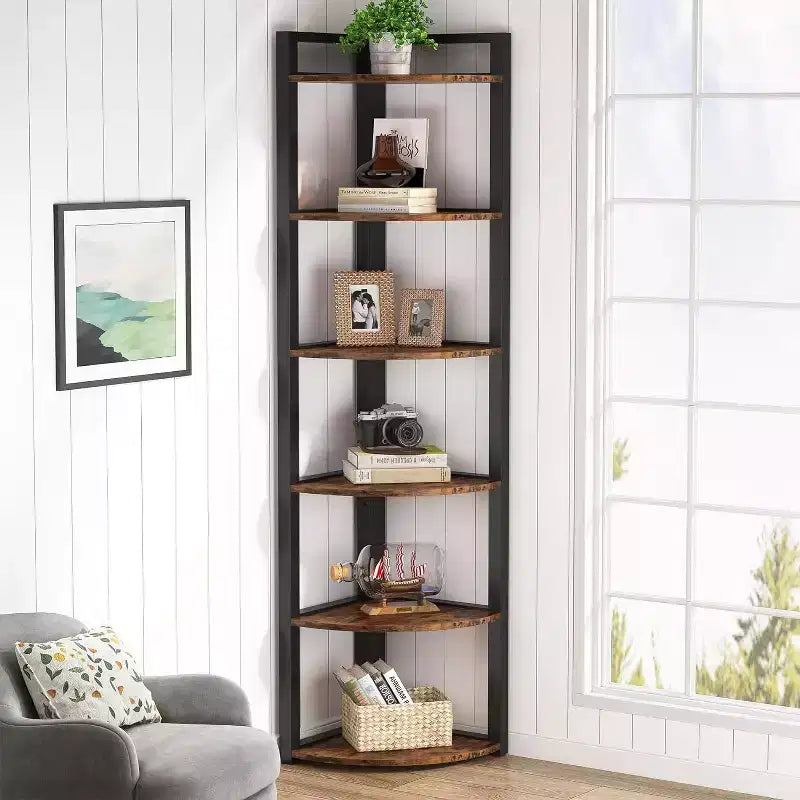 Libreria angolare a 6 ripiani, Nero / Marrone rustico e nero / Bianco, Alta 180 cm, Montaggio 1 persona