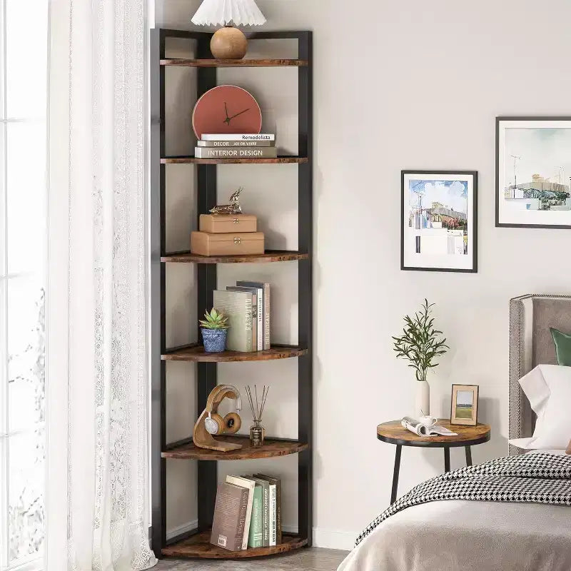 Libreria angolare a 6 ripiani, Nero / Marrone rustico e nero / Bianco, Alta 180 cm, Montaggio 1 persona