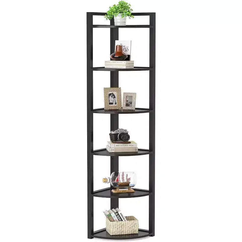 Libreria angolare a 6 ripiani, Nero / Marrone rustico e nero / Bianco, Alta 180 cm, Montaggio 1 persona