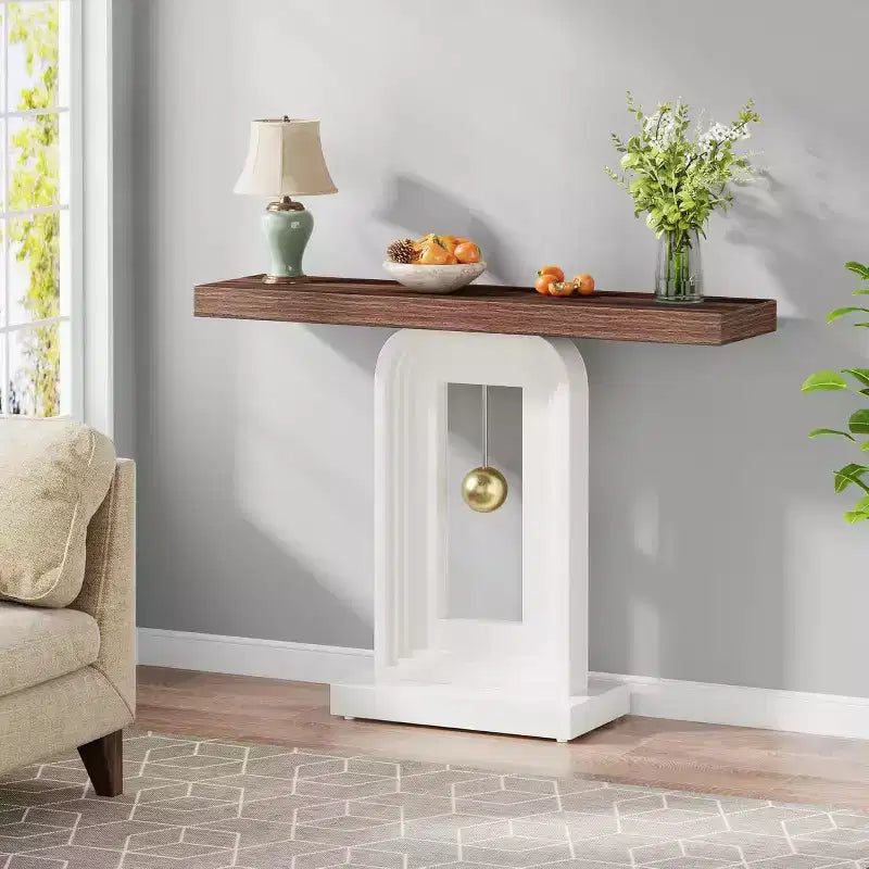 Consolle stretta bianca con base a pendolo geometrica, 101 cm, Montaggio da 1 persona