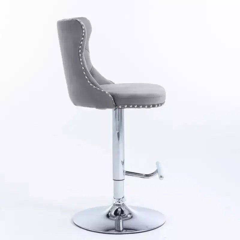 Sgabello da Bar Girevole in Velluto Grigio, Schienale Medio Trapuntato, Base Cromata, Set da 2
