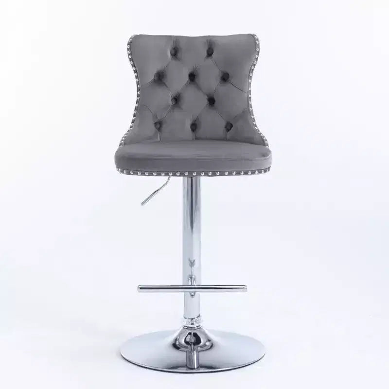 Sgabello da Bar Girevole in Velluto Grigio, Schienale Medio Trapuntato, Base Cromata, Set da 2